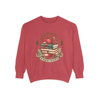 Vintage North Pole Book Club cozy holiday sweatshirt with book and gift design, soft cotton blend