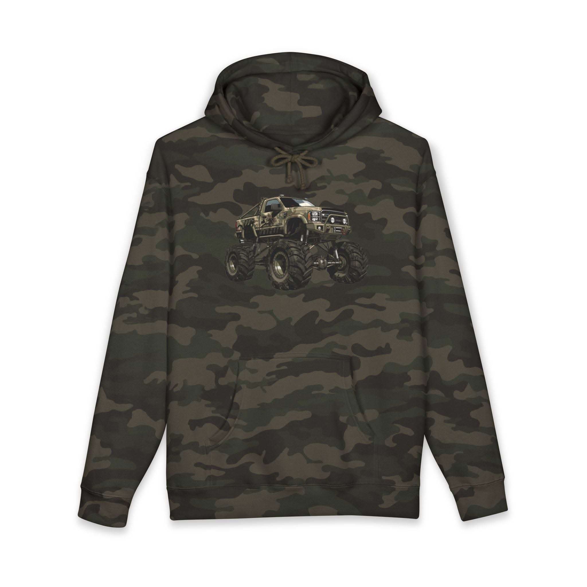 American Flag Monster Truck hoodie with camouflage truck and distressed flag design