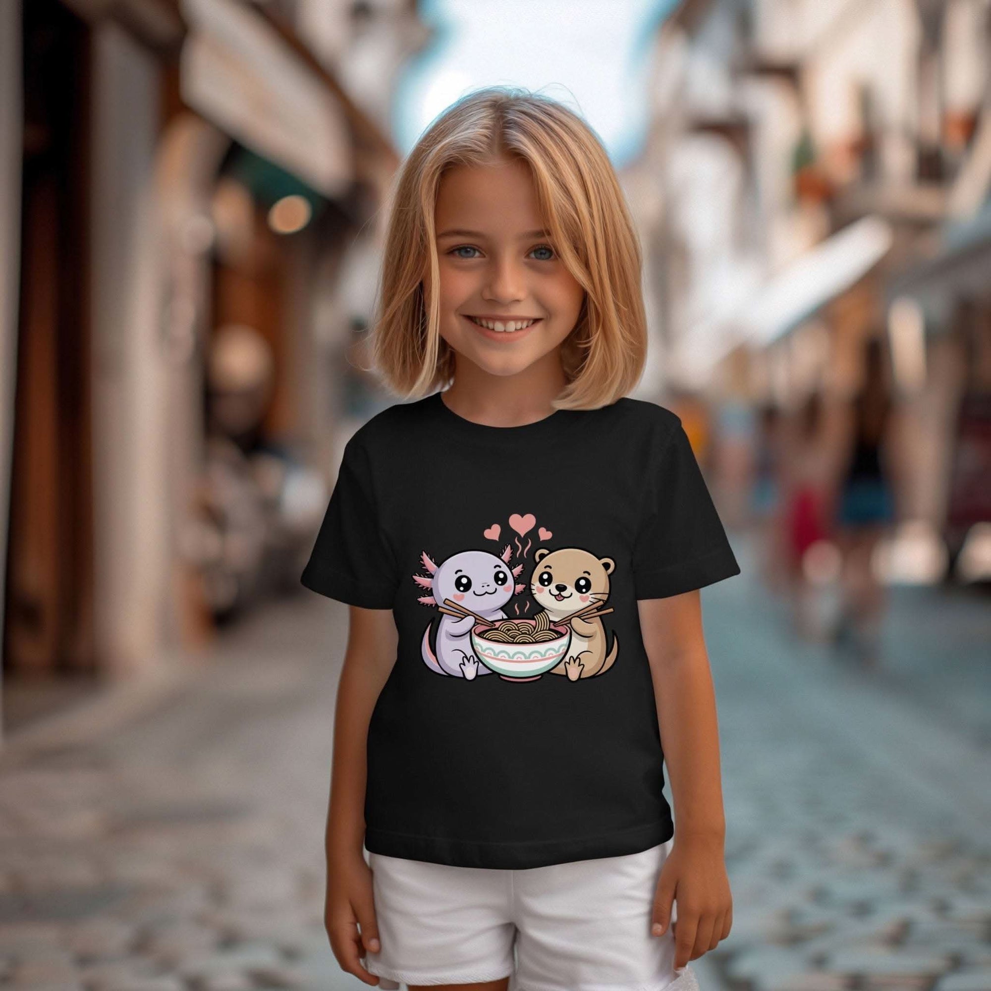 Cute kawaii animal kids shirt featuring axolotl and otter sharing ramen noodles design on lightweight cotton tee