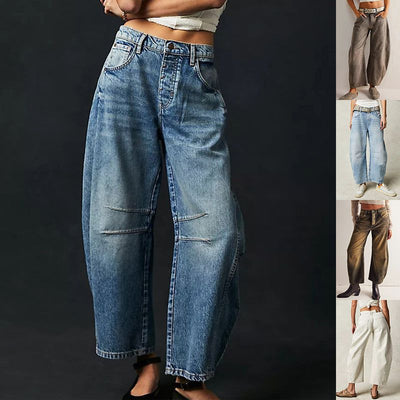 Women’s high stretch mid-rise wide leg denim jeans in multiple colors, casual loose fit with mid waist for comfort and style.