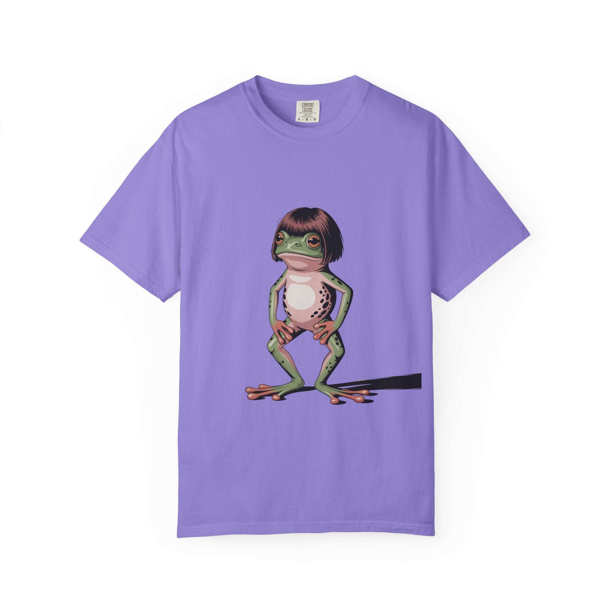 Purple T-shirt featuring a frog with bob haircut meme illustration