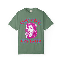 Black garment-dyed t-shirt with 'Flirt Now, Cry Later' graphic by Printify, casual wear with a funny message.