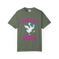 An moss green short-sleeve t-shirt with a graphic of a white goose holding a blue water bottle, with the pink text 'STILL FUN. JUST HYDRATED.