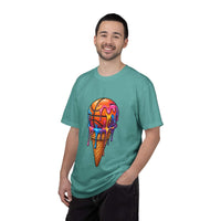 Colorful dripping ice cream cone graphic on relaxed-fit neon melting dessert tee