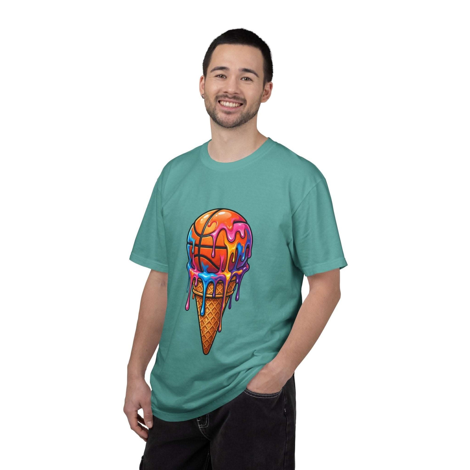 Colorful dripping ice cream cone graphic on relaxed-fit neon melting dessert tee
