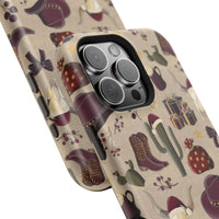 Cowboy Christmas design phone case for iPhone 17 in glossy finish by Printify, featuring festive colors and patterns.