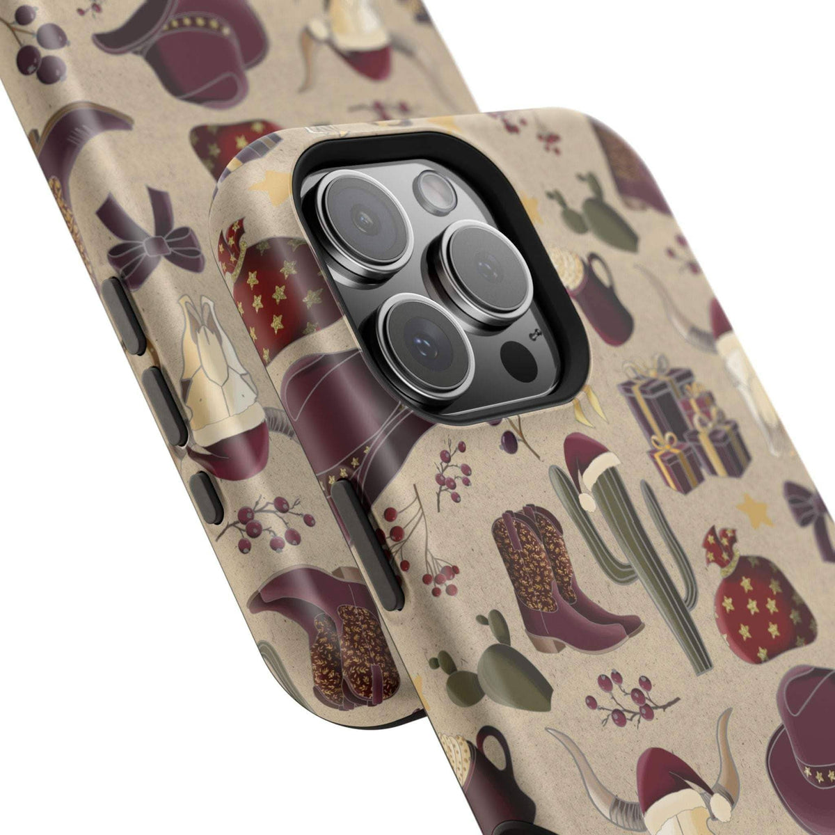 Cowboy Christmas design phone case for iPhone 17 in glossy finish by Printify, featuring festive colors and patterns.