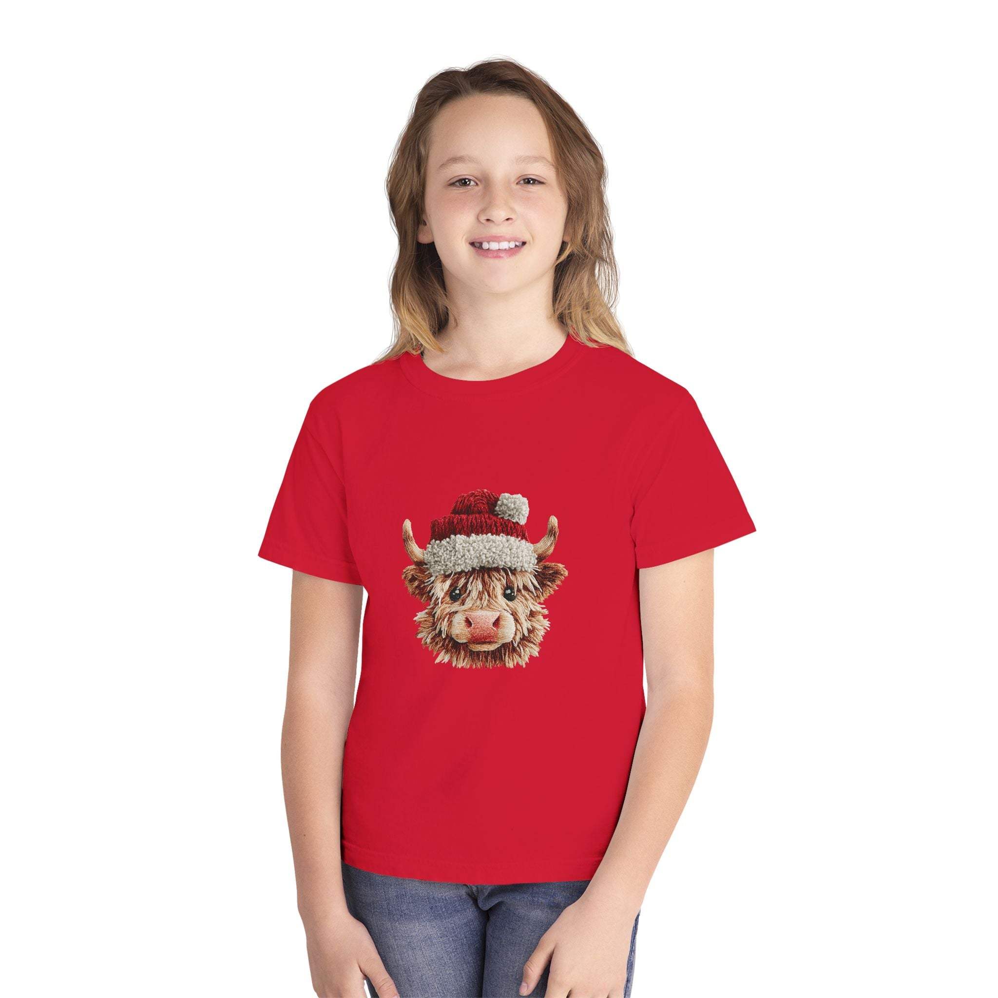 Santa Highland Cow Youth Tee — Faux Crochet Yarn Christmas Top