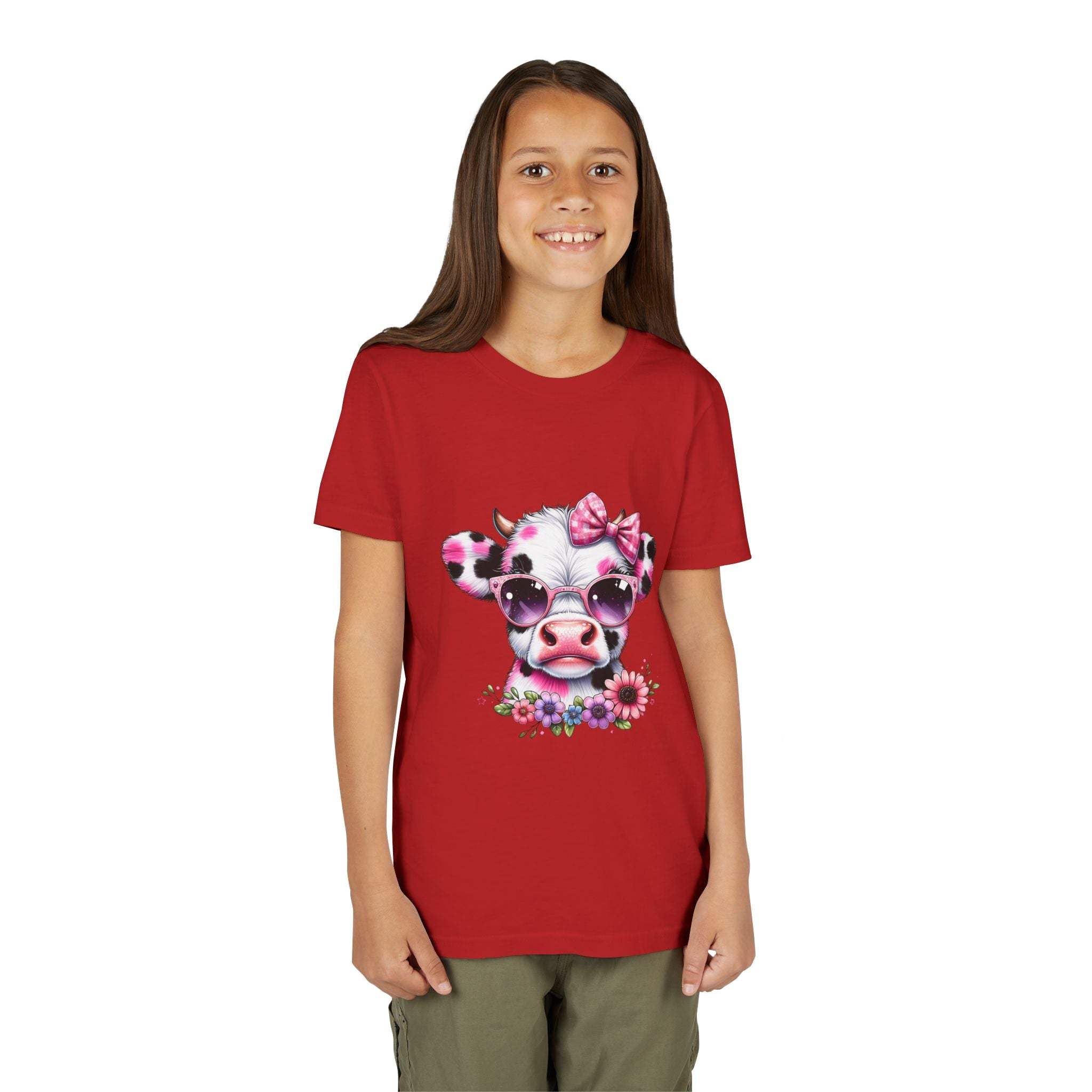 Pink floral highland cow graphic youth tee shirt for kids