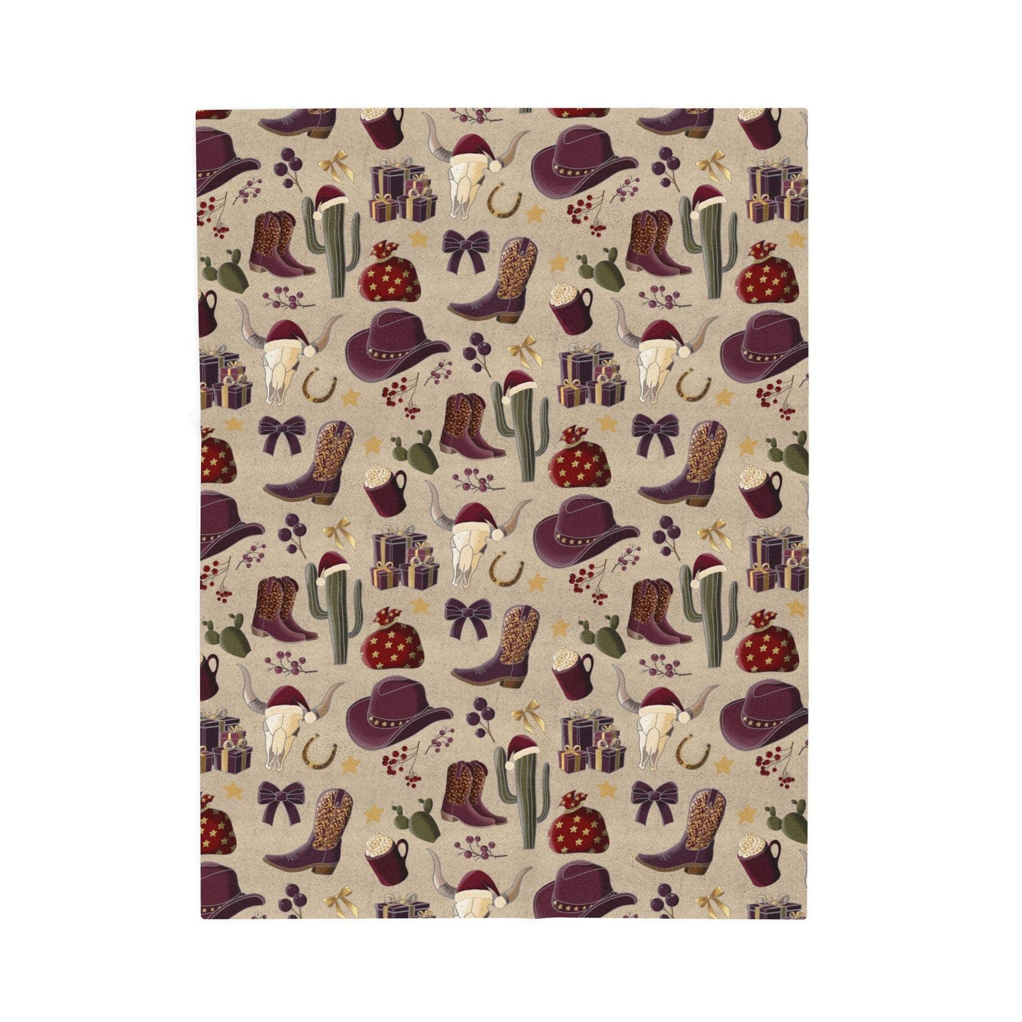 Plush blanket with cowboy Christmas design featuring hats, boots, cacti, and festive gifts in vibrant colors