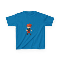 White 100% cotton kids t-shirt featuring an anime power girl design by Printify