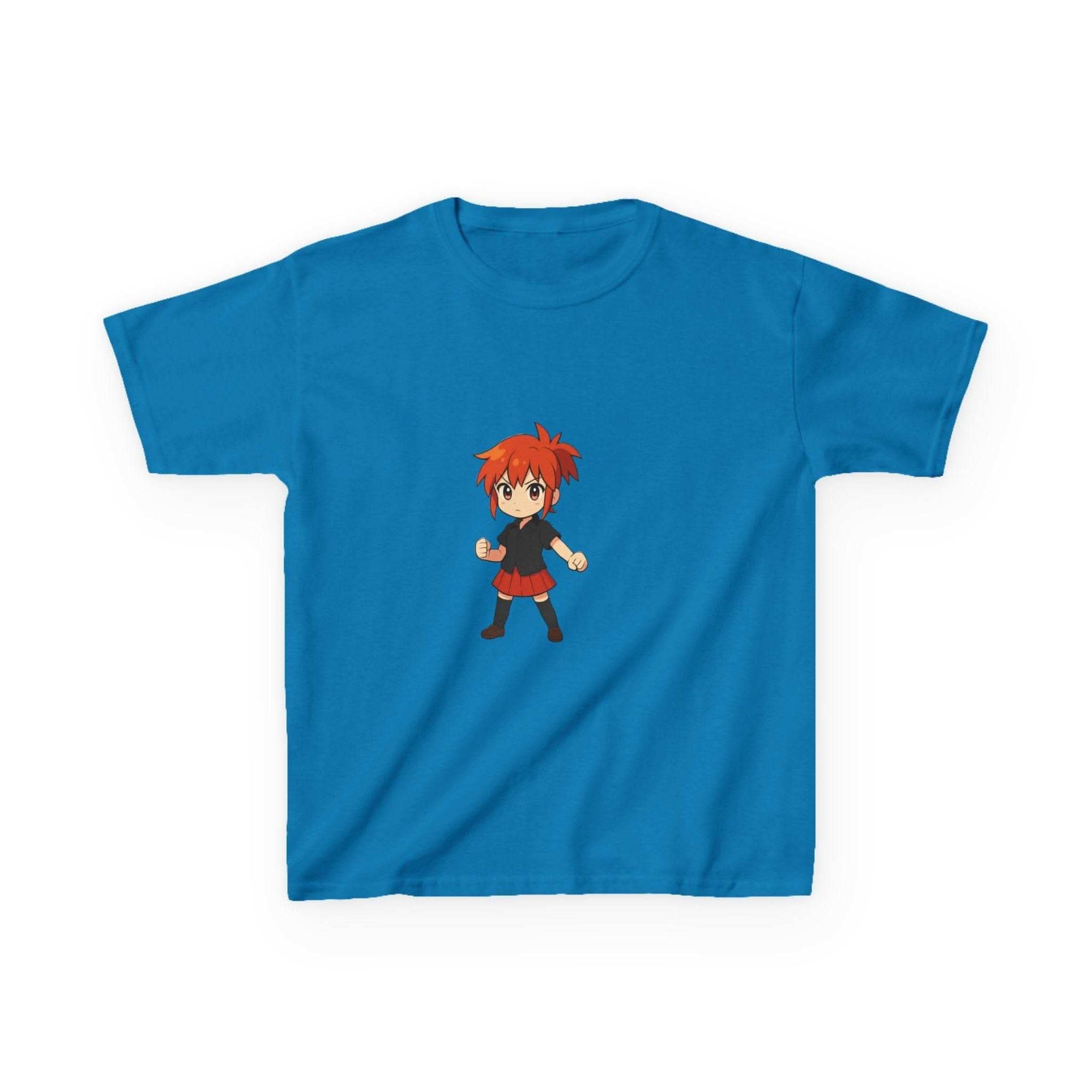 White 100% cotton kids t-shirt featuring an anime power girl design by Printify