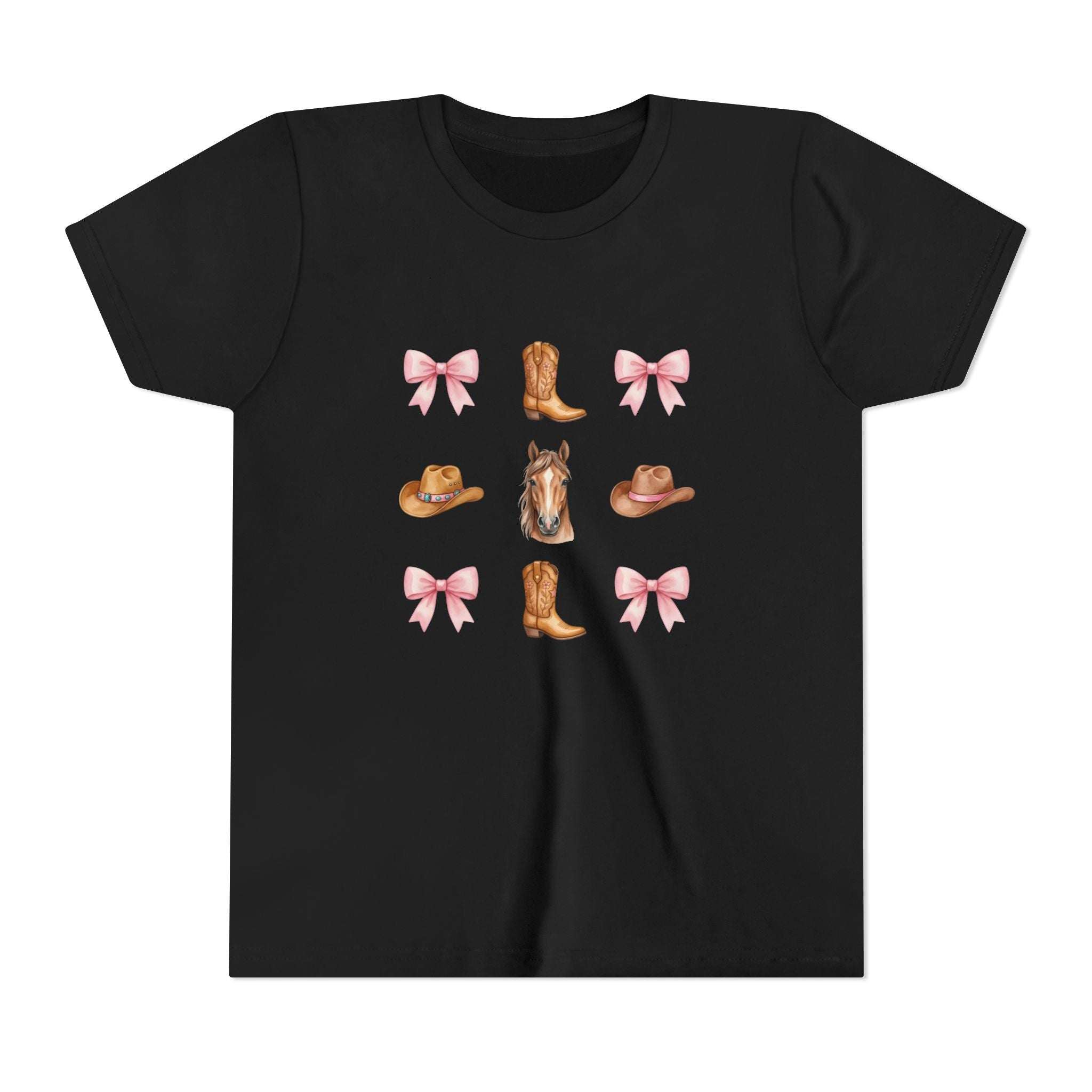 Youth pink cowboy horse and boots tee with coquette bow pattern and Western hat design
