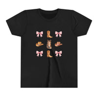 Youth pink cowboy horse and boots tee with coquette bow pattern and Western hat design