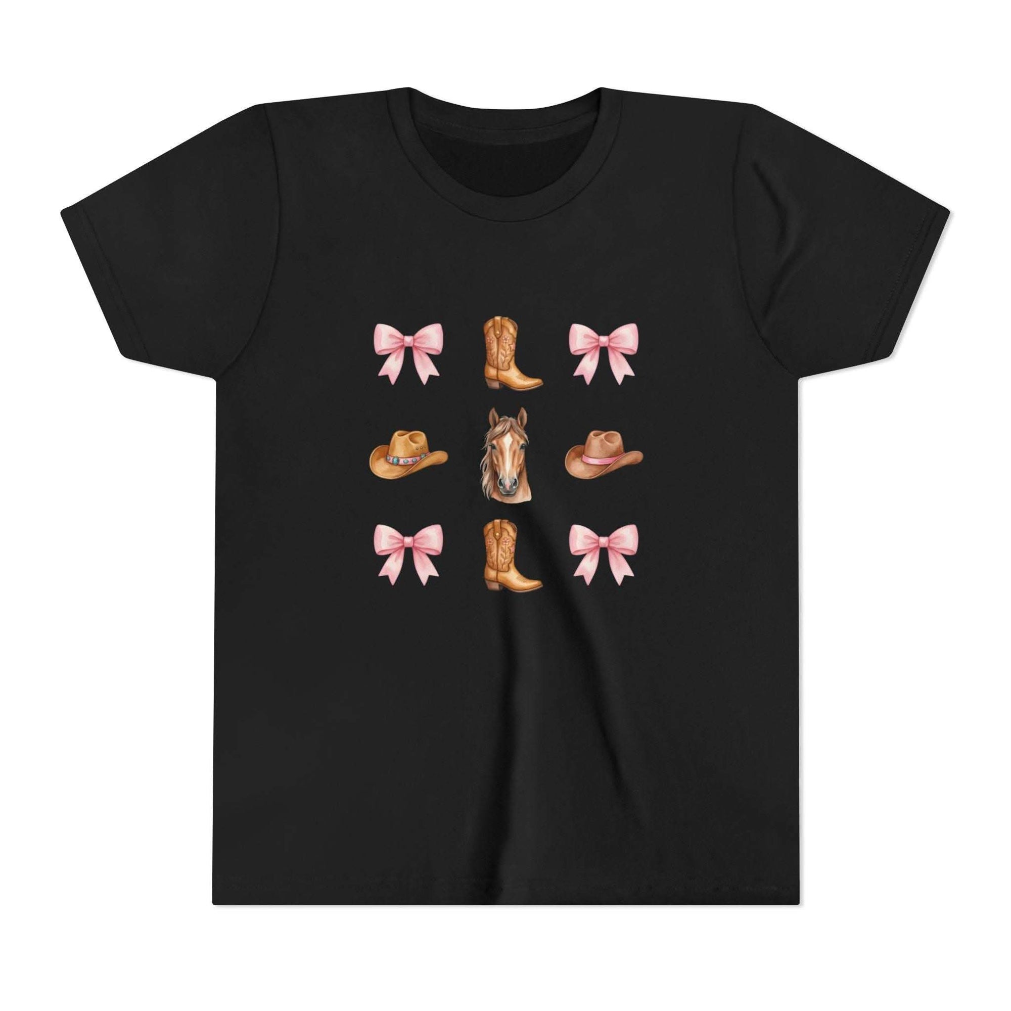 Youth pink cowboy horse and boots tee with coquette bow pattern and Western hat design