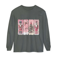 Gray long sleeve t-shirt with preppy pink watercolor Nutcracker Christmas design