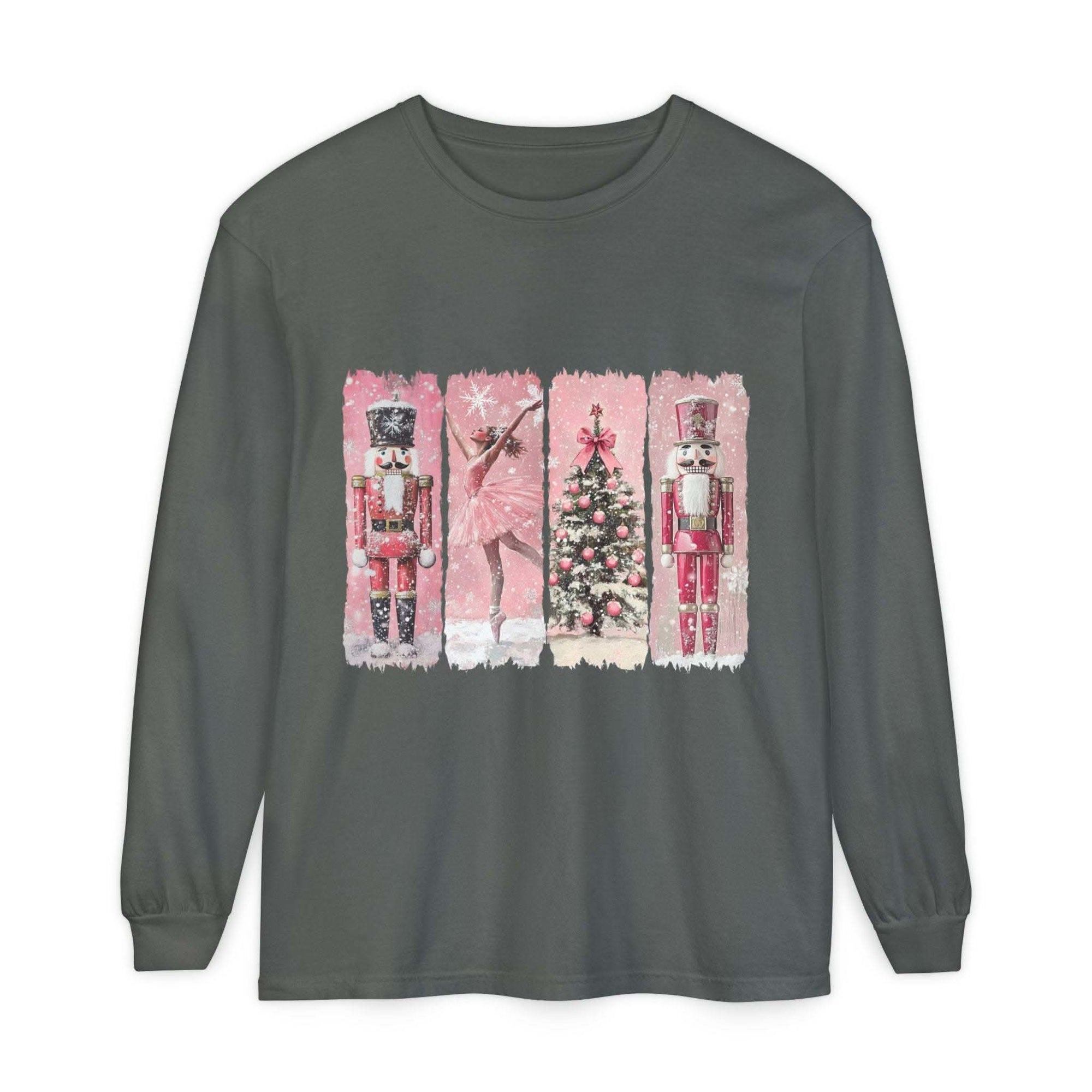 Gray long sleeve t-shirt with preppy pink watercolor Nutcracker Christmas design