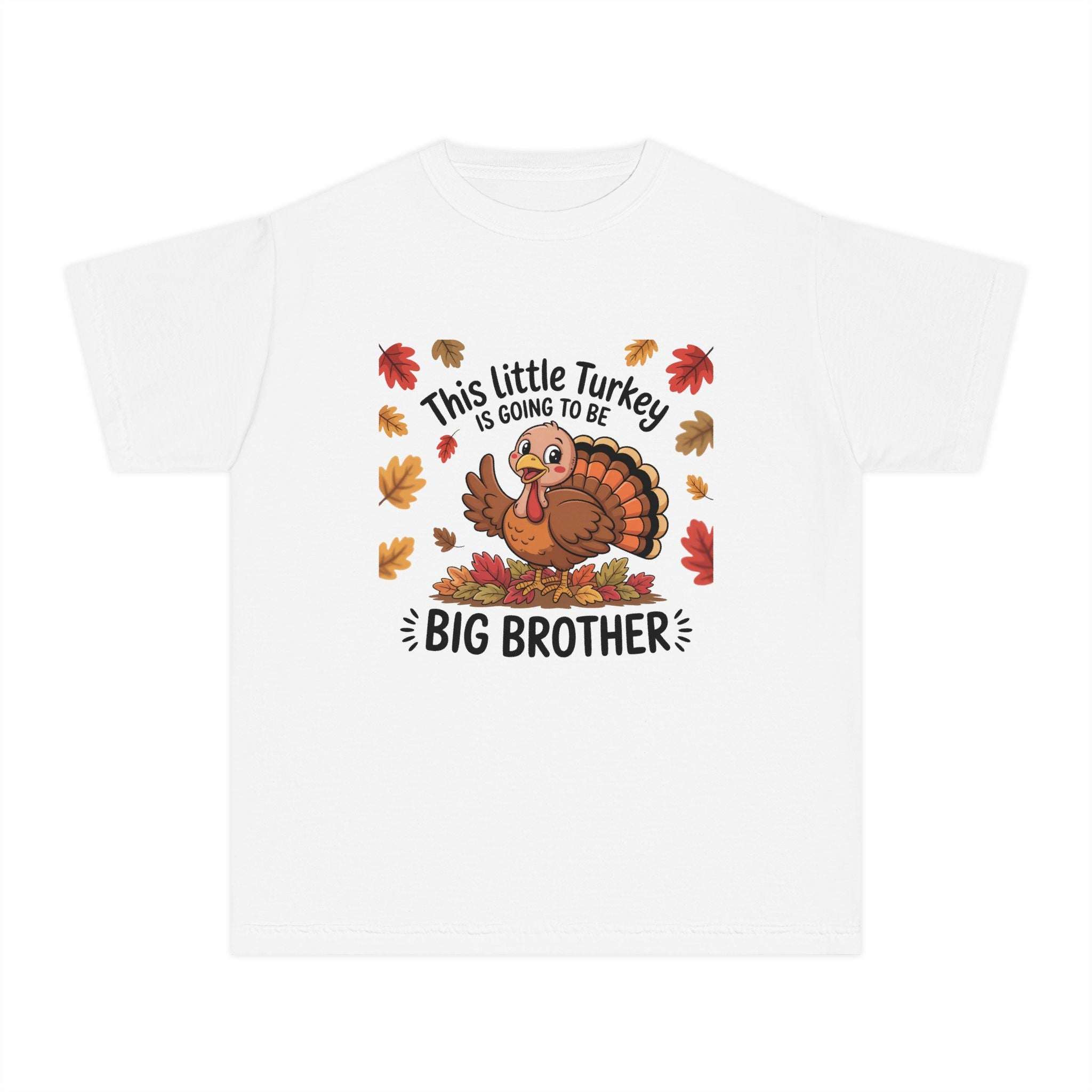 Youth Tee Big Brother Thanksgiving announcement shirt with turkey and autumn leaves design