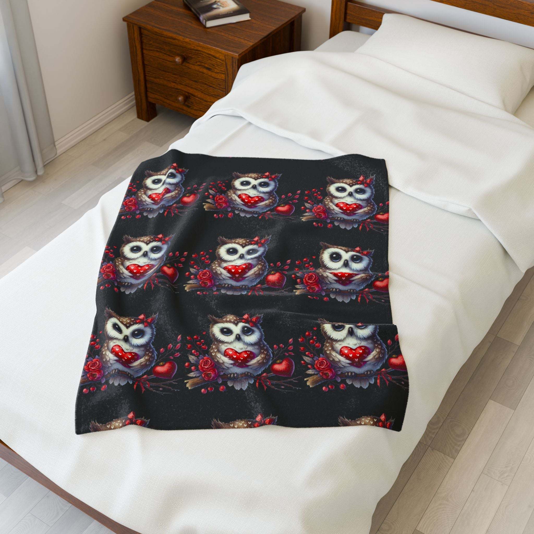 Velveteen blanket featuring a floral Valentine owl holding a heart in vibrant colors