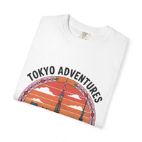 White garment-dyed T-shirt with Tokyo Adventures travel design and Japanese cultural elements