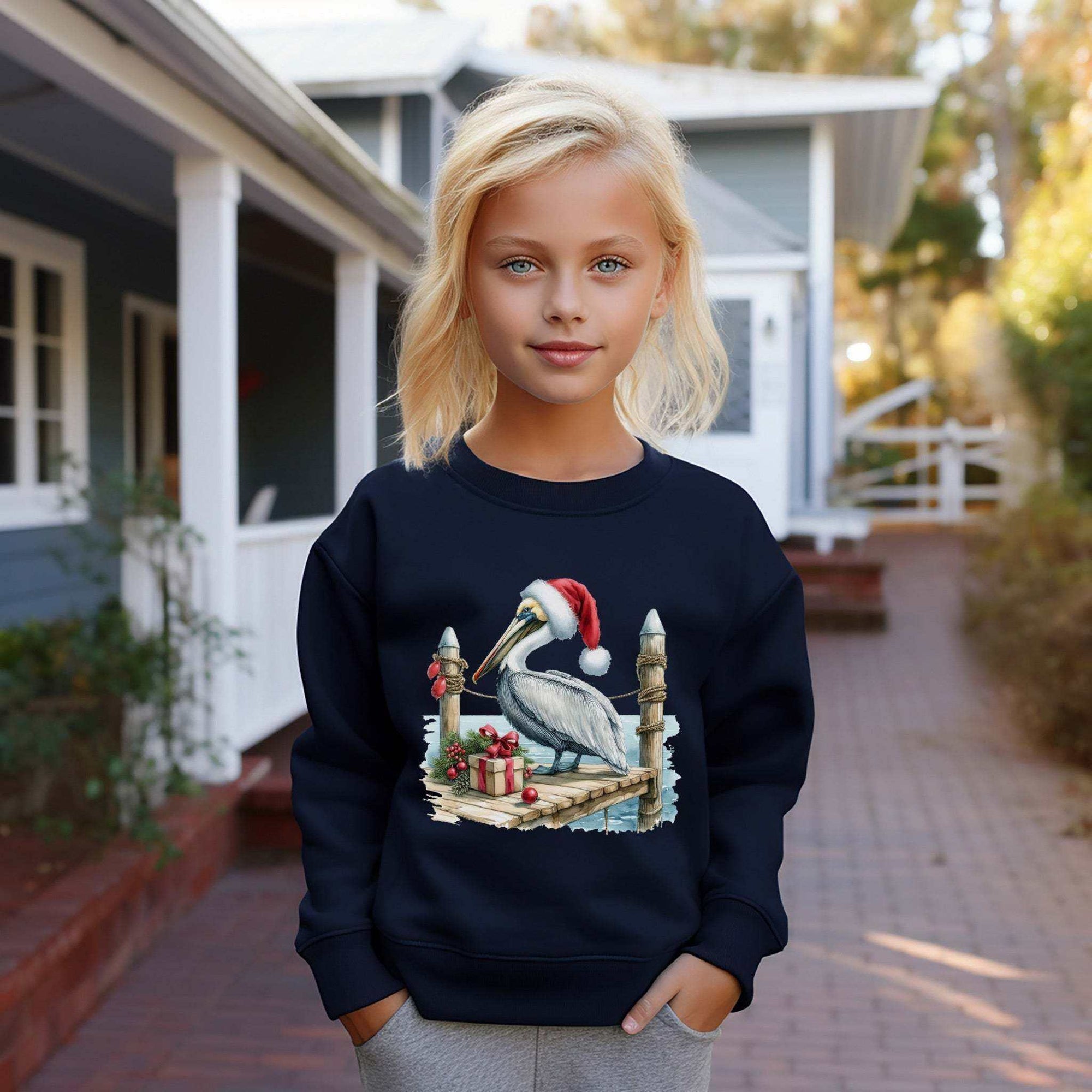 Youth sweatshirt featuring pelican wearing Santa hat on coastal pier design