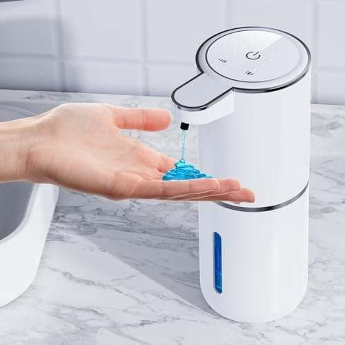 Automatic liquid soap dispenser with 4-speed adjustable sensor and USB rechargeable battery for touchless hand washing.
