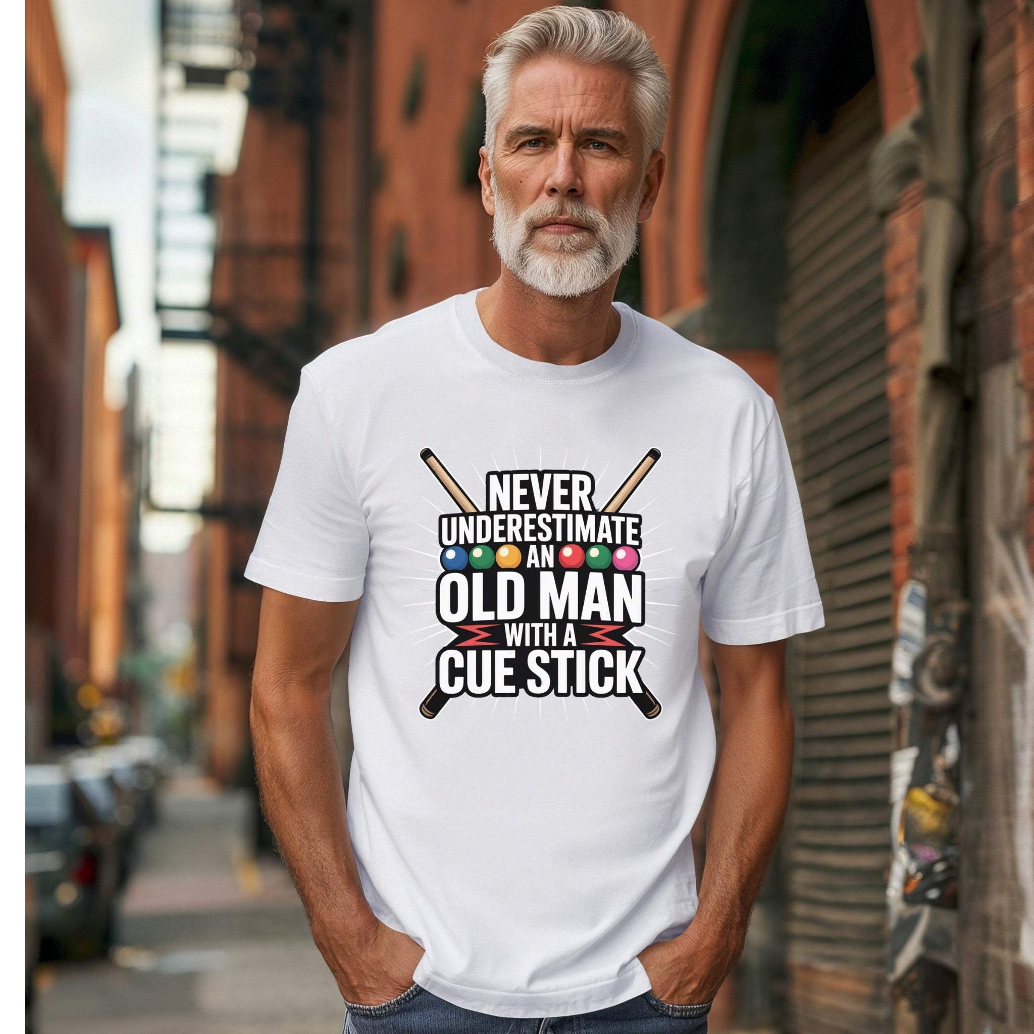 True Navy cotton t-shirt featuring 'Never Underestimate An Old Man With A Pool Cue' design, casual style from Printify