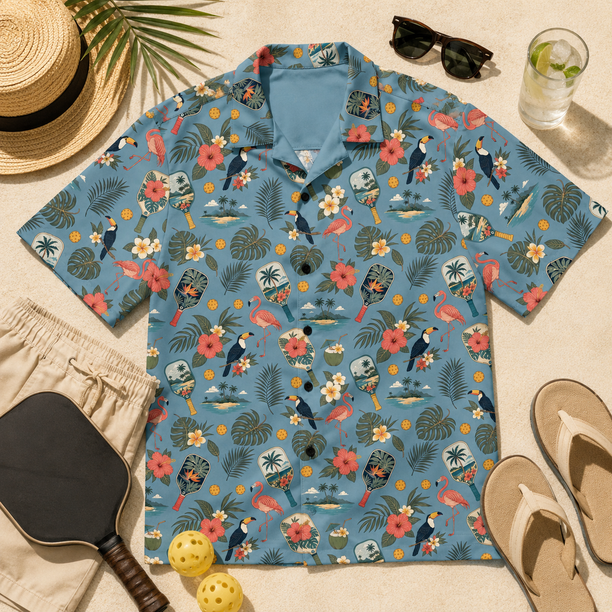Dusty-blue Pickleball Hawaiian shirt with vintage paddles, flamingos, toucans, hibiscus, and palm islands design, unisex UPF 50+ tropical button-up
