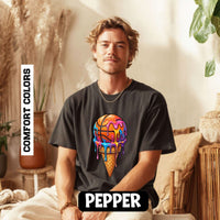 Colorful dripping ice cream cone graphic on neon melting ice cream t-shirt