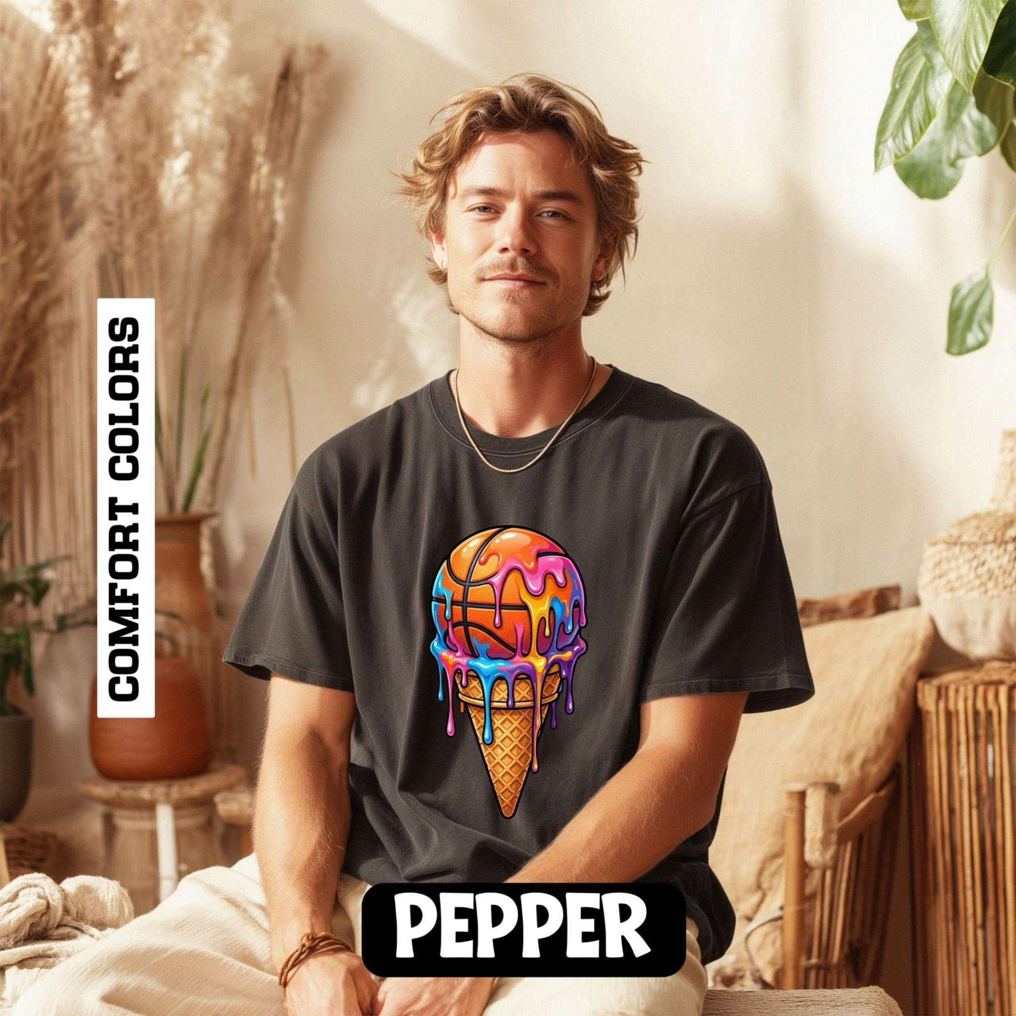 Colorful dripping ice cream cone graphic on neon melting ice cream t-shirt