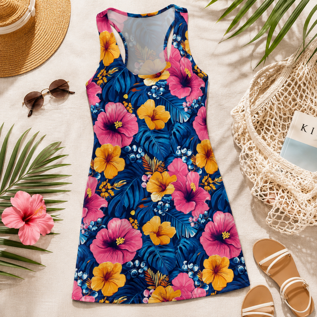 Tropical Hibiscus Floral Racerback Dress | Blue Pink Yellow AOP