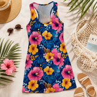 Tropical Hibiscus Floral Racerback Dress | Blue Pink Yellow AOP