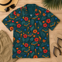 Cornhole Hawaiian shirt with tropical cornhole graphics, tiki torches, and UPF 50+ protection on teal background