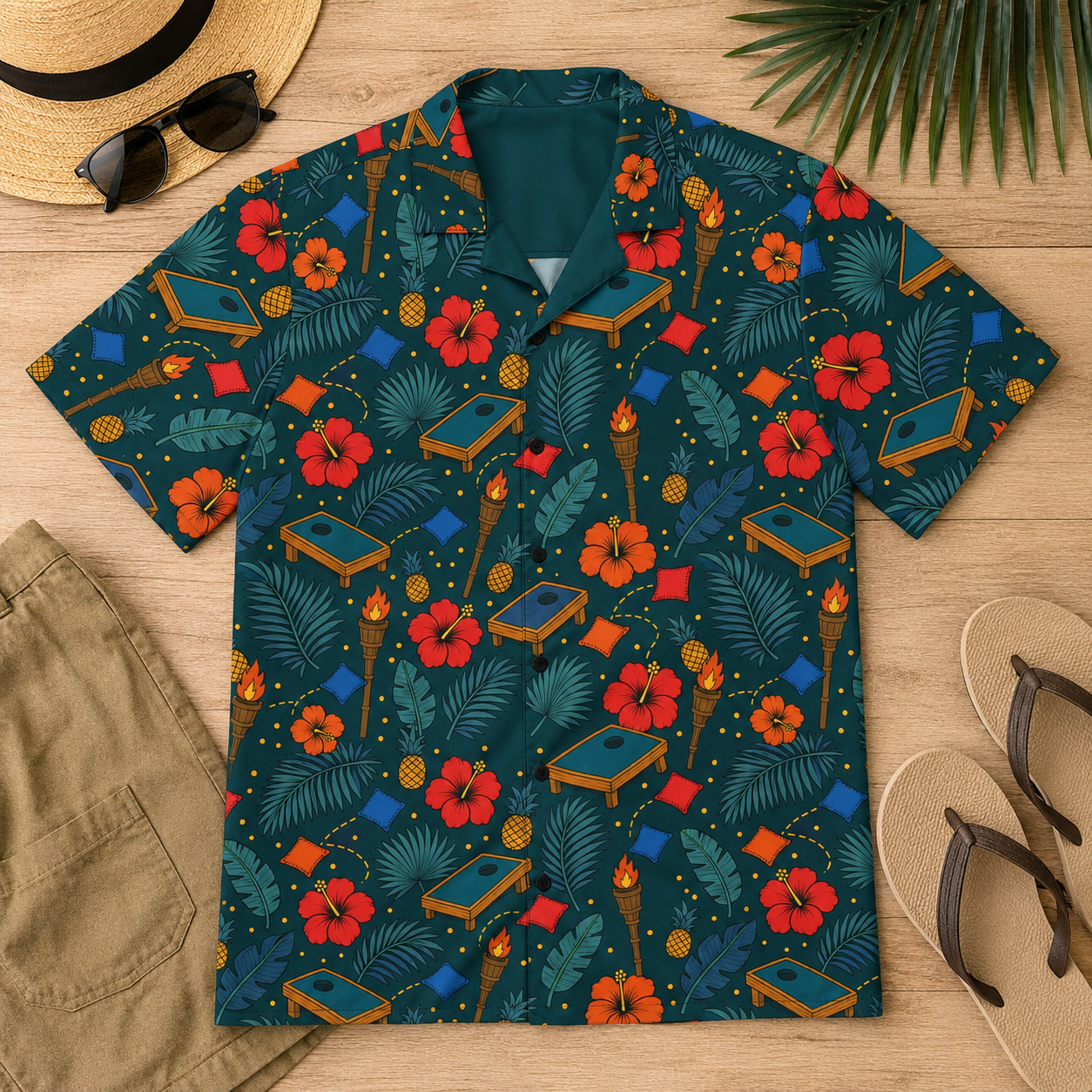Cornhole Hawaiian shirt with tropical cornhole graphics, tiki torches, and UPF 50+ protection on teal background