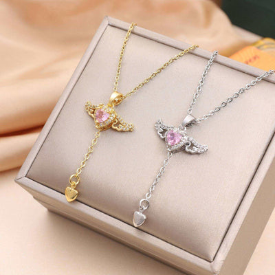 Moving Cupid Heart Ango Necklace with Angel Wings & Crystal