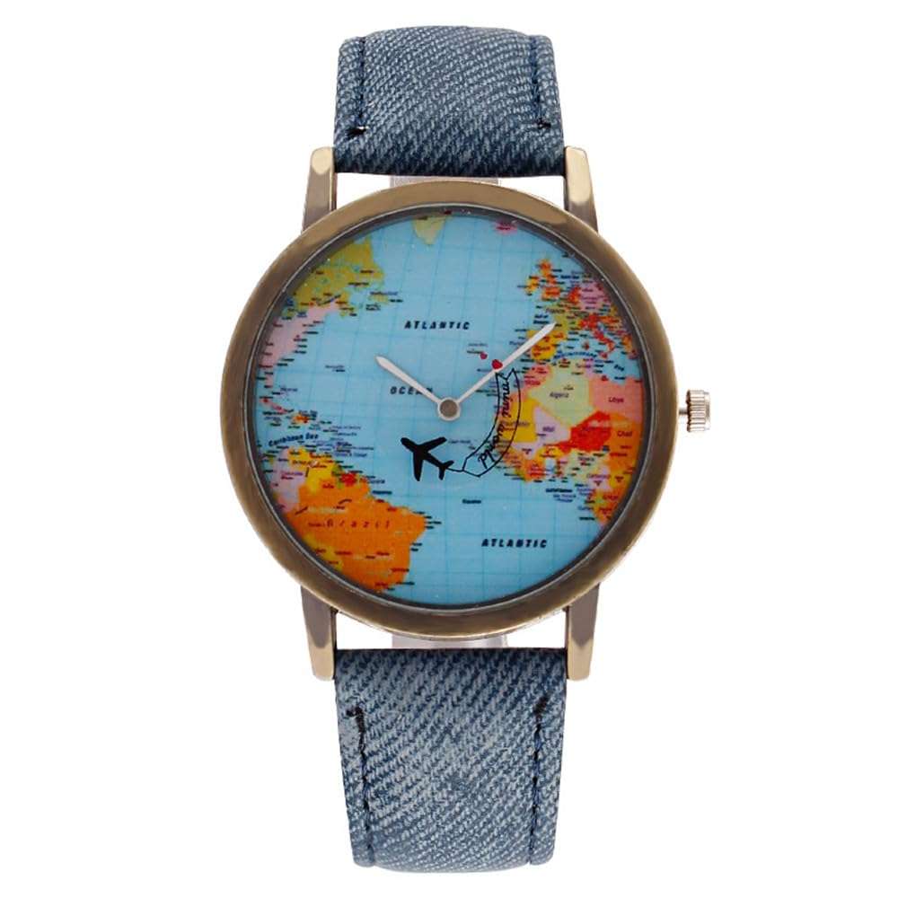 Global Voyager leather strap watch with vintage globe map dial and rotating plane design