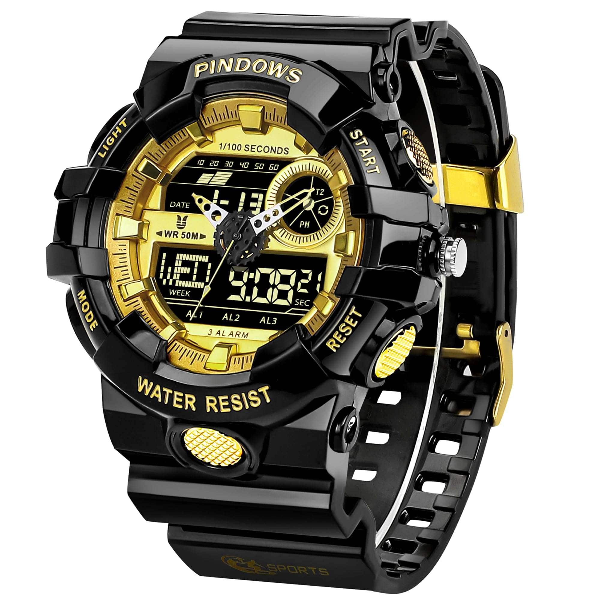PINIDOUS Elite Gold digital sports watch for men with multi-function features and waterproof design