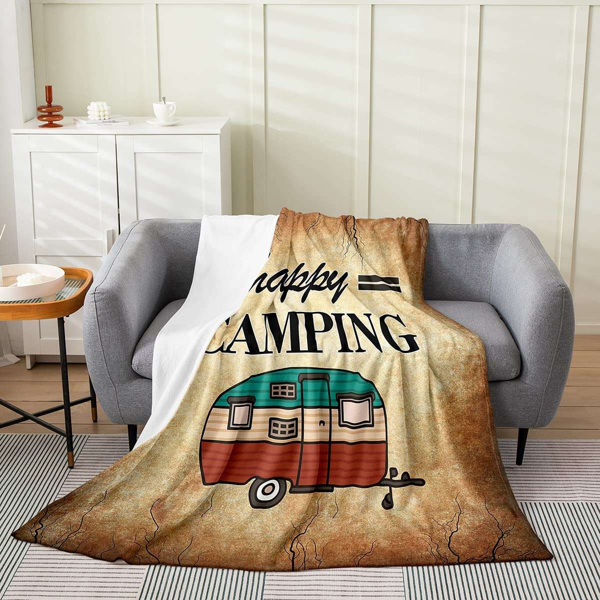 Rustic Camper Fleece Blanket for kids 60x80 with unique camper design and soft polyester microfiber