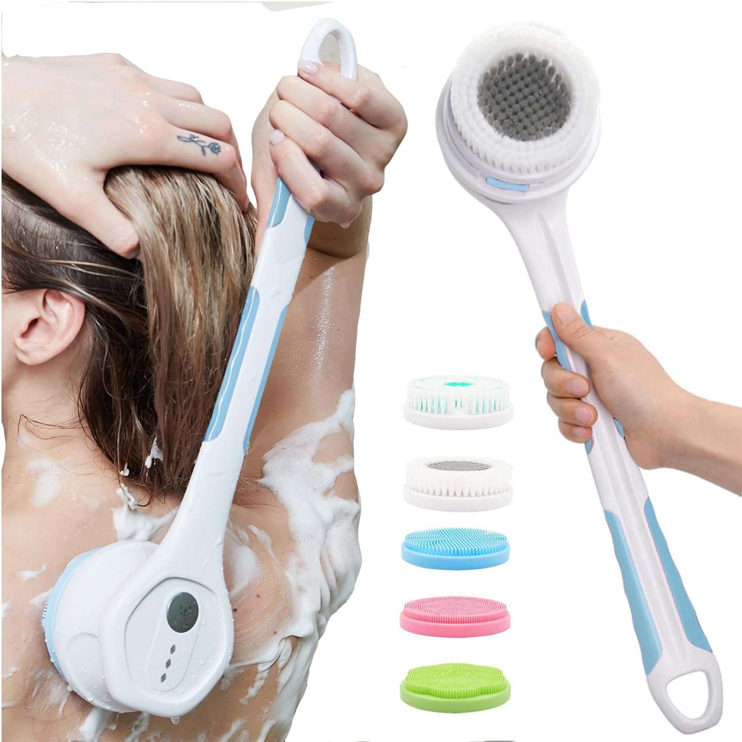 Electric exfoliating body brush with 3 speed modes, 5 silicone brush heads, waterproof design, and extended handle for deep cleansing and back reach.