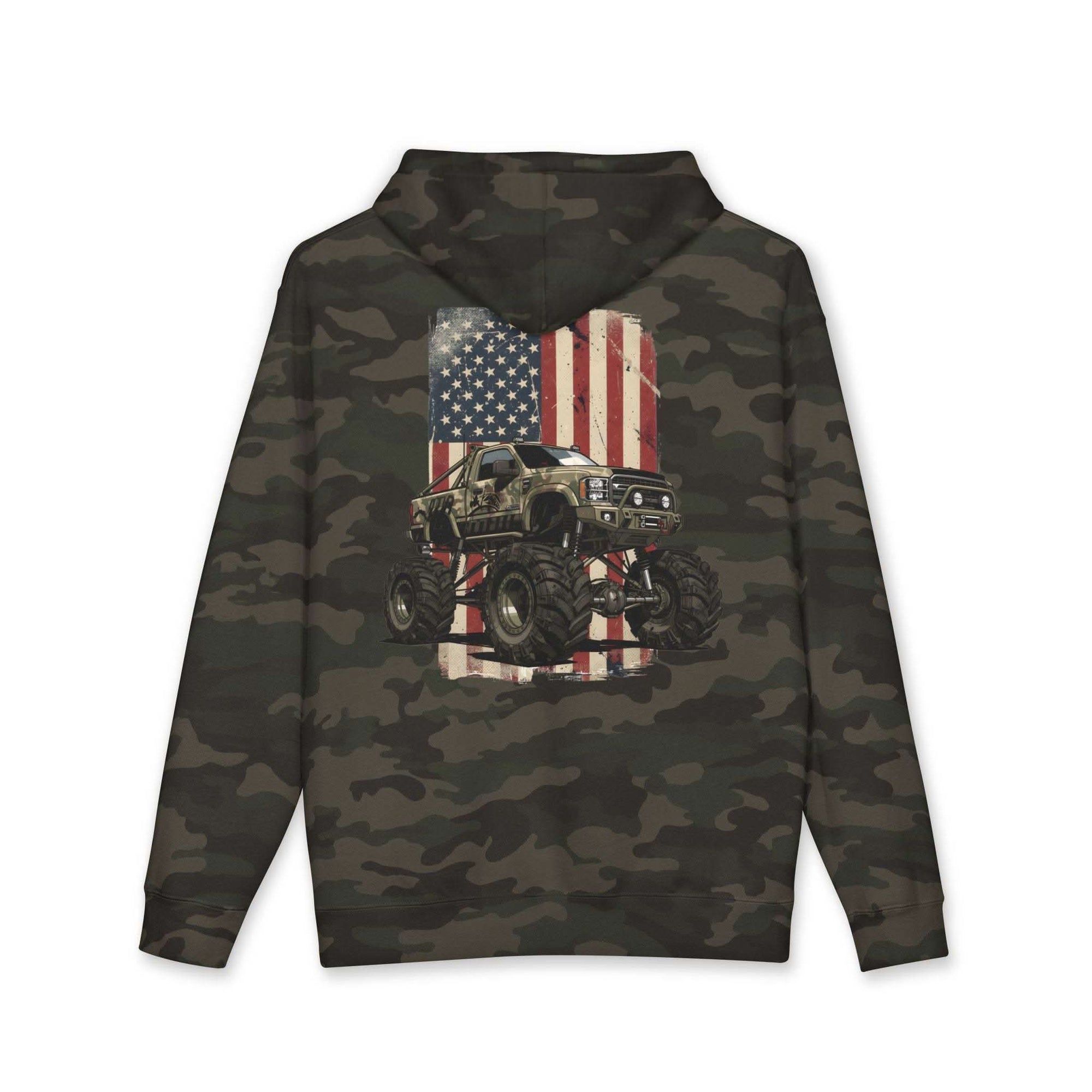 American Flag Monster Truck hoodie with camouflage truck graphic and distressed flag background