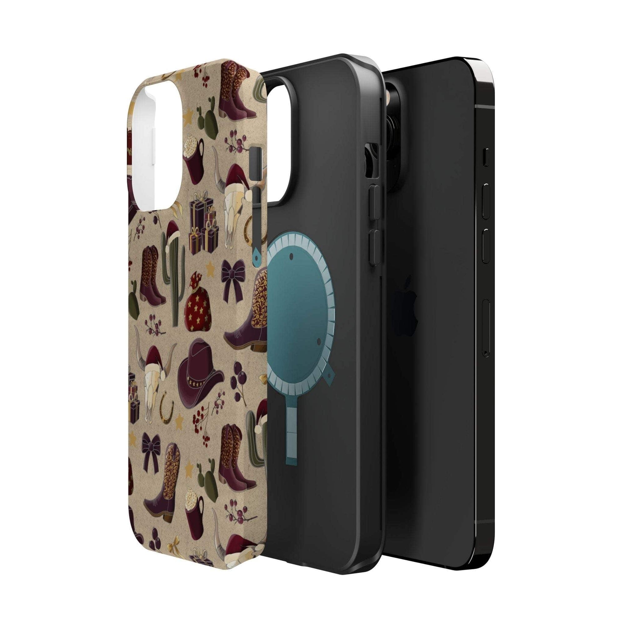 Cowboy Christmas design phone case for iPhone 17 in glossy finish by Printify, featuring festive colors and patterns.