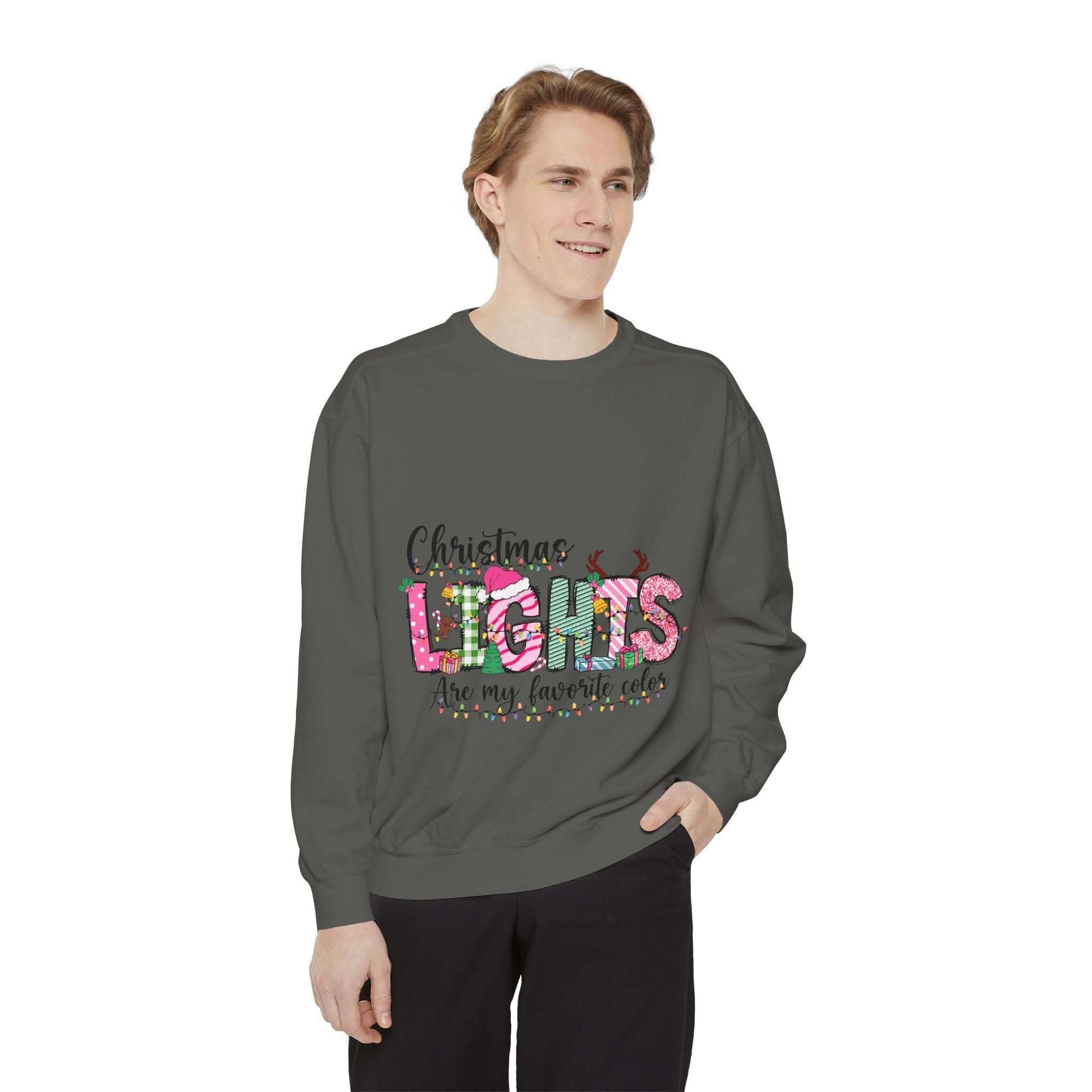 White garment-dyed sweatshirt featuring festive Christmas lights design by Printify