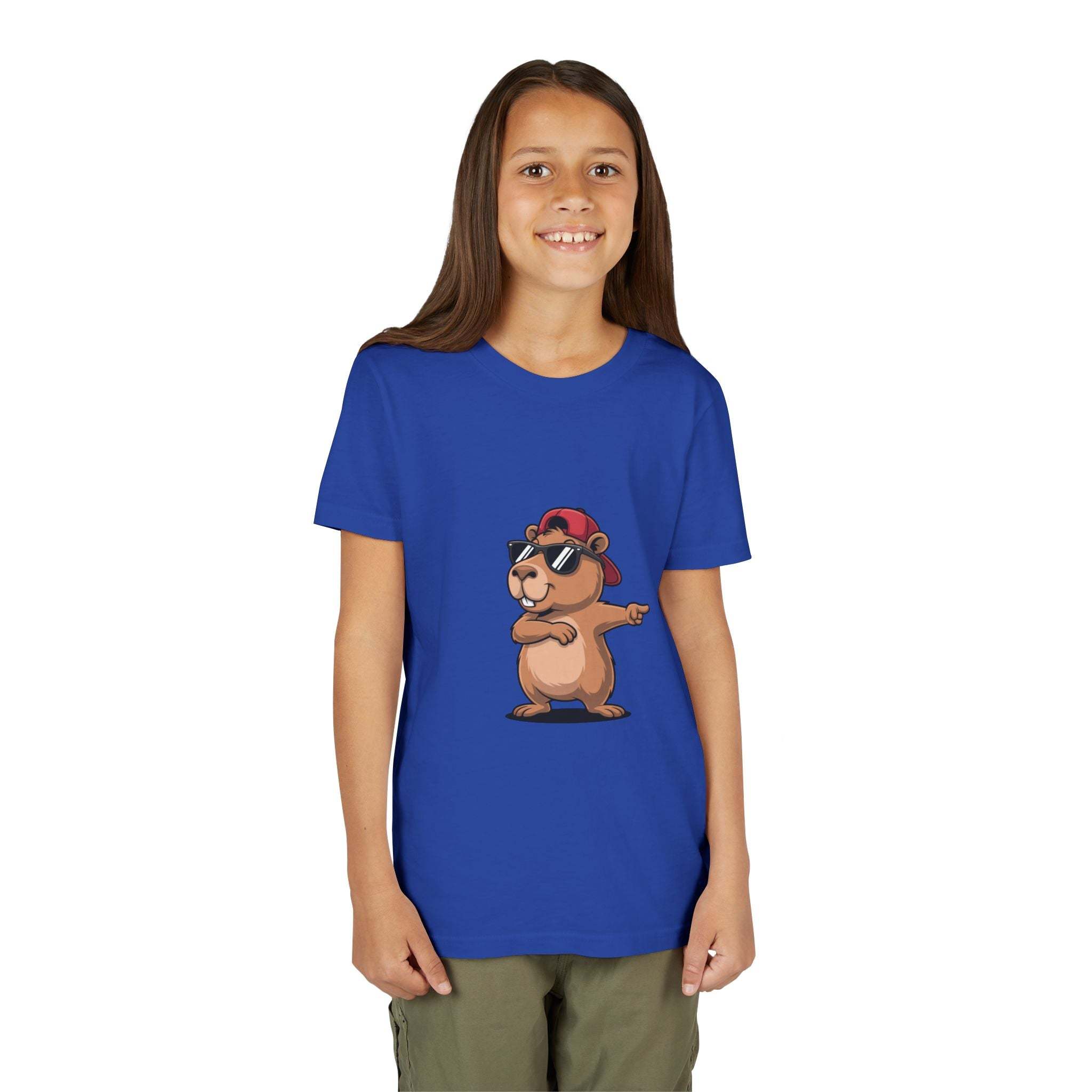 Youth tee featuring cool capybara in hat and sunglasses graphic on soft cotton shirt