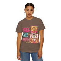 Yall Are Nuts Nutcracker festive brown cotton T-shirt with playful graphic worn by woman