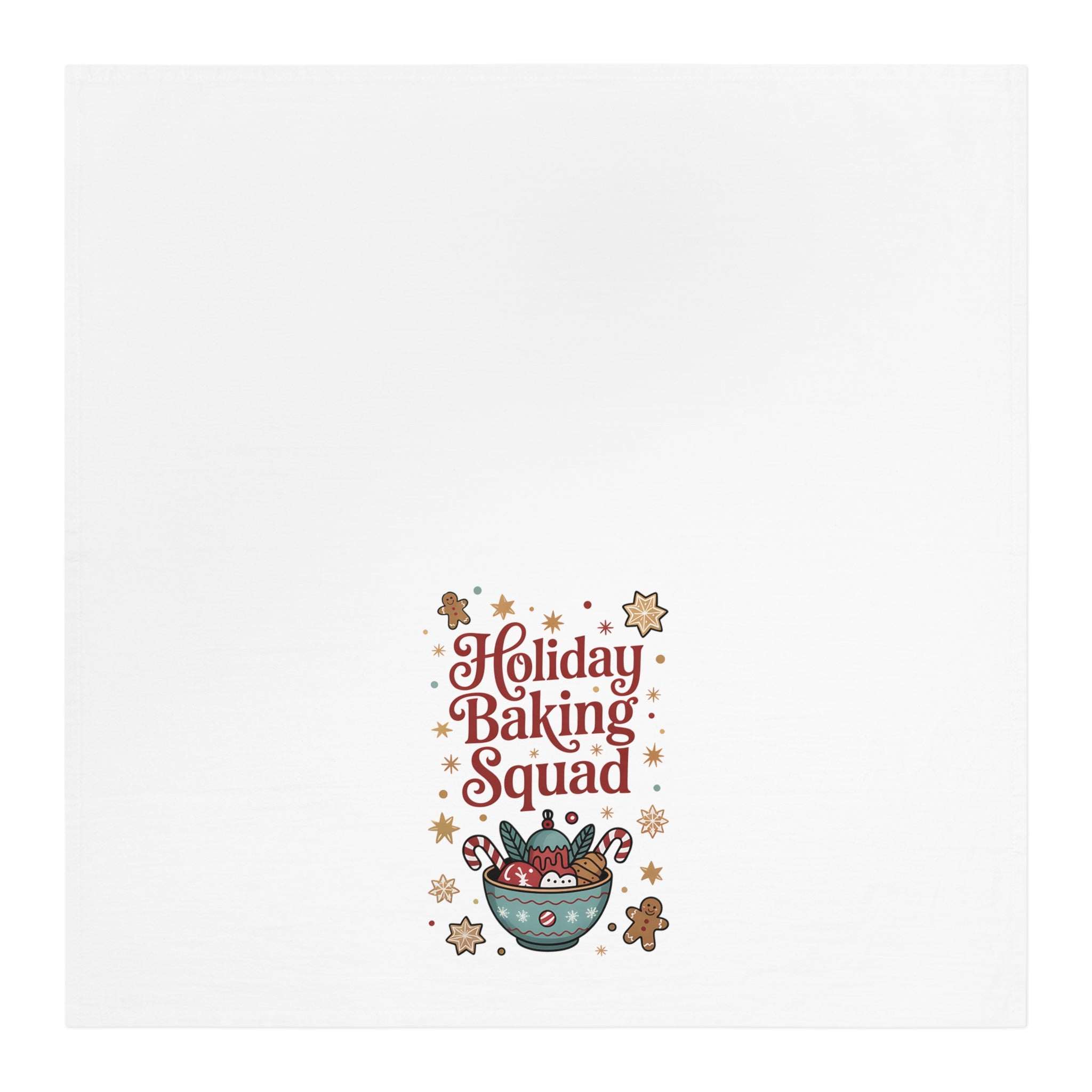 White cotton tea towel featuring 'Holiday Baking Squad' design, perfect for festive kitchen decor.