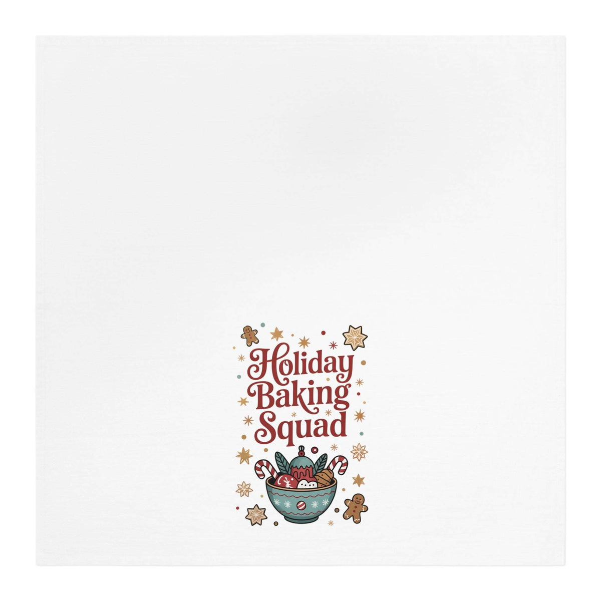 White cotton tea towel featuring 'Holiday Baking Squad' design, perfect for festive kitchen decor.