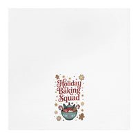 White cotton tea towel featuring 'Holiday Baking Squad' design, perfect for festive kitchen decor.