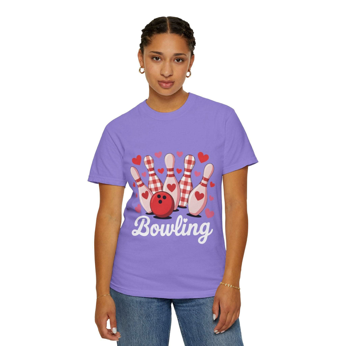 Garment-dyed tee with tiny hearts and bowling pin design on chest, soft heavyweight cotton, relaxed fit Valentine's shirt