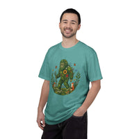 Forest Sasquatch Illustration T-shirt with floral woodland Bigfoot design and wildlife elements