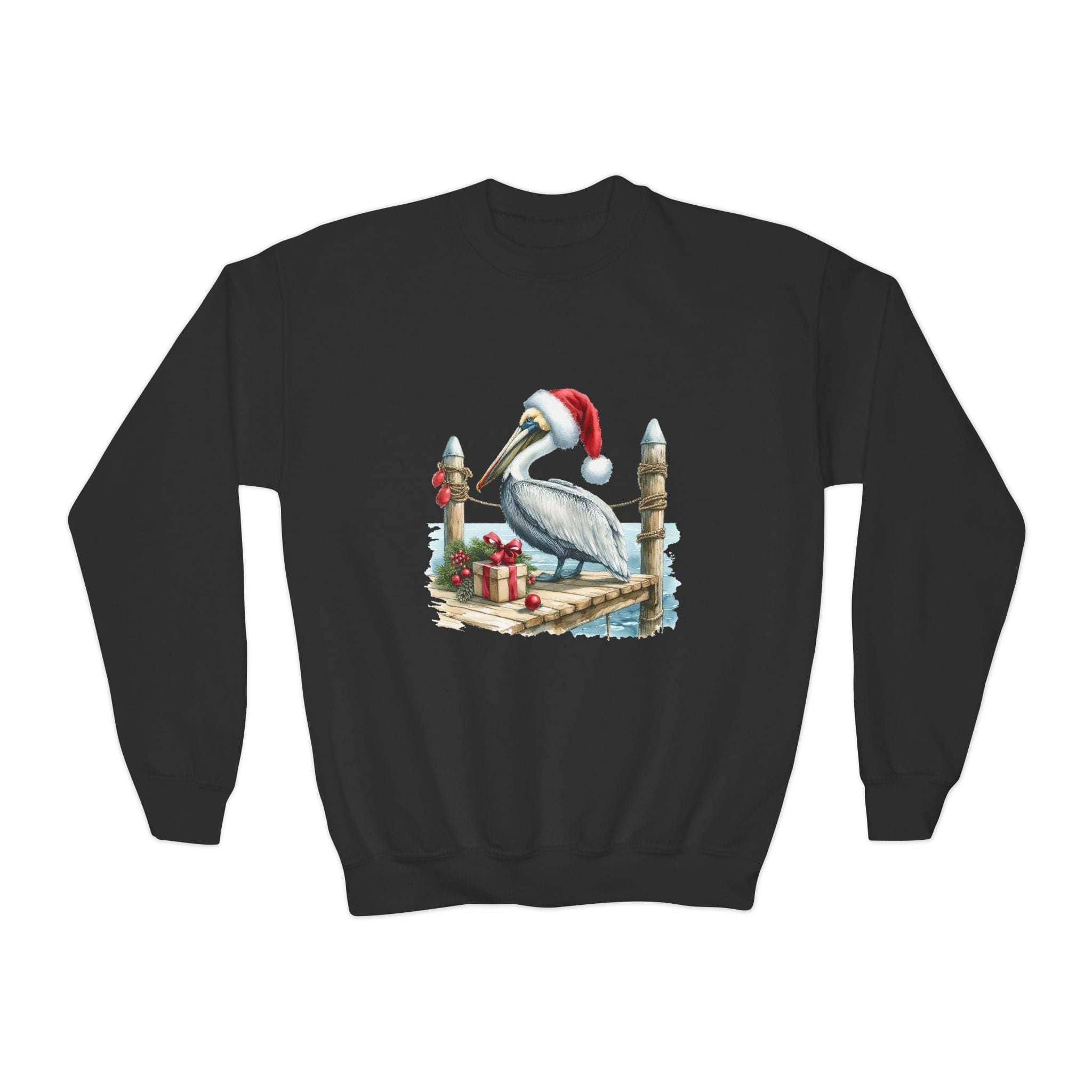 Youth crewneck sweatshirt with embroidered pelican wearing Santa hat and holiday gifts design